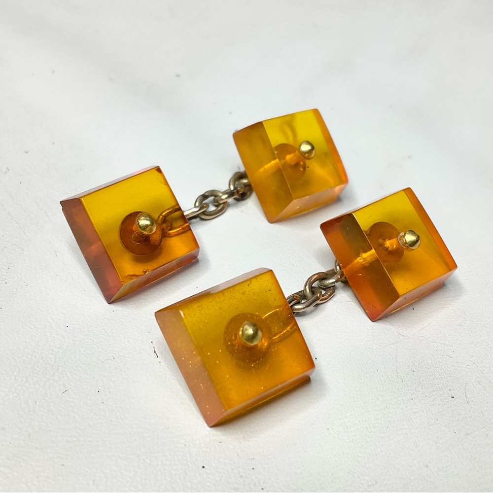 Vintage Carved Honey Amber Square Cufflinks